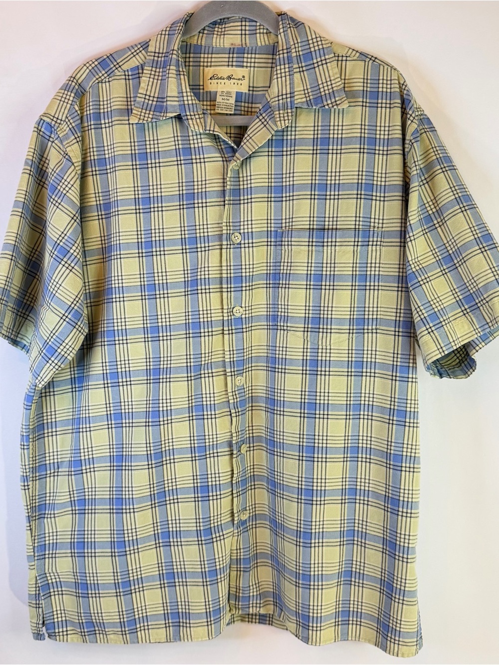 Eddie Bauer Mens Medium Short Sleeve Shirt Button Up Blue Yellow Plaid Cotton